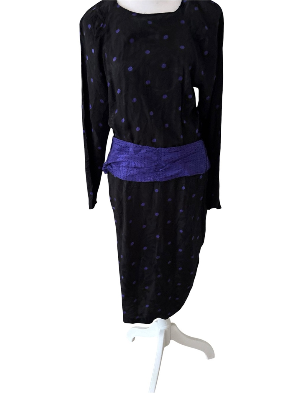 Jil Mykels Vintage Size 8 Black & Purple Polka Dot Rayon Dress | Made in USA